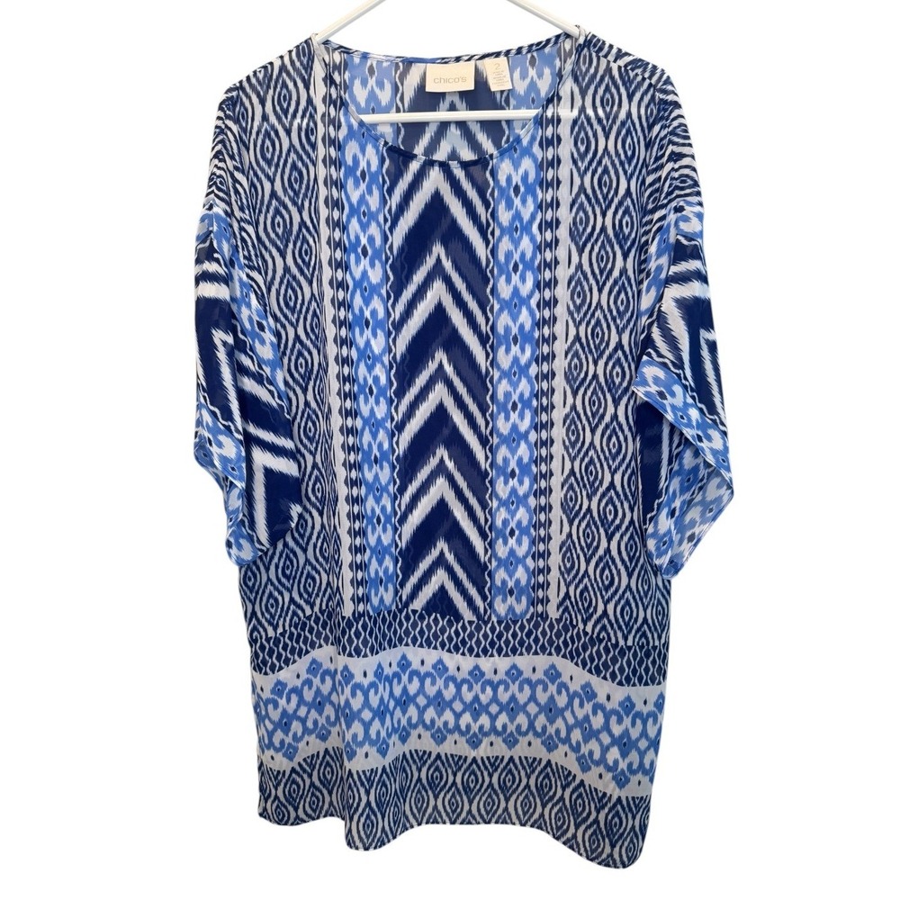 Chico's Womens Blue Ikat Print Geometric Boho Kaftan Tunic Top 2/L Resortwear